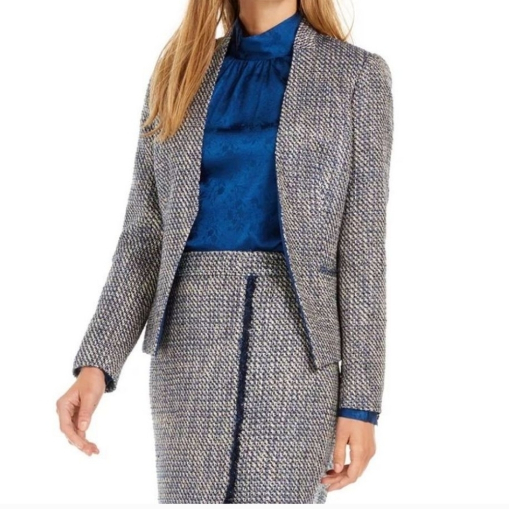 Calvin Klein Womens Asymmetrical Tweed Skirt/Blazer‎ Suit Blue Size 14 Plus Size